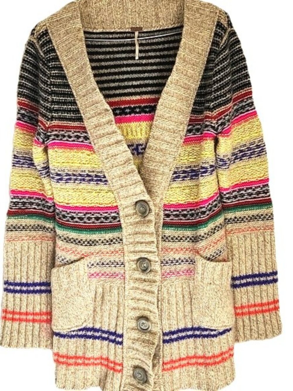 Free People Chunky Knit Cardigan Sweater Multicolor Striped Buttoned Wool Large